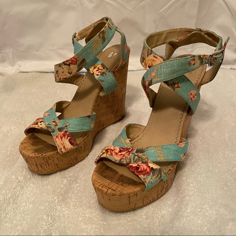 bp. Turquoise Floral Strappy 5” Wedge Sandals - 10